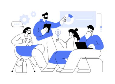 Yaratıcı proje karikatür vektör çizimlerini izole etti. Öğrenciler üniversite projesinde çalışmak için bir araya geliyorlar, arkadaşlarla yaratıcı fikirleri paylaşıyorlar, eğitim süreci vektör karikatürü.