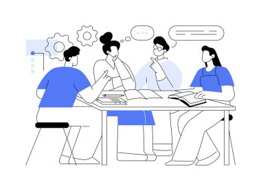 Öğrenci takım çalışması karikatür vektör çizimlerini izole etti. Birlikte ödev yapan bir grup üniversite öğrencisi, üniversitedeki arkadaşlarla eğitim süreci, akran eğitme vektör karikatürü.