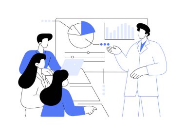 Seminer karikatür vektör çizimlerini izole etti. Seminerde öğretmenle birlikte gülümseyen bir grup tıp öğrencisi, üniversite vektör karikatüründeki modern eğitim sürecinde tartışıyorlar..