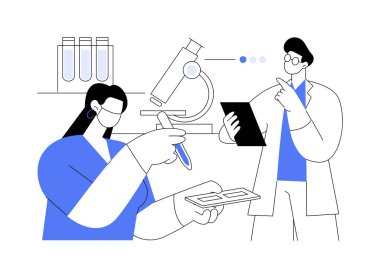 Laboratuvar rotası karikatür vektör çizimlerini izole etti. Profesör genç tıp meslektaşının araştırmasını denetliyor ve ona laboratuarda, eğitim sürecinde, öğrenci hayatı vektör karikatüründe danışmanlık yapıyor..