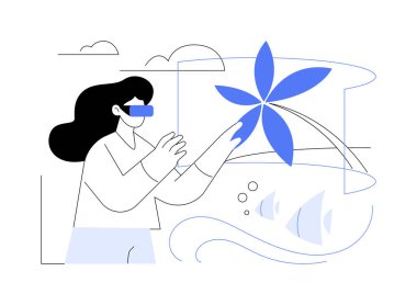 İzole edilmiş sanal çizgi film çizimleri. VR gözlüklü gülümseyen kadın, seyahat simülasyonu, sanal ve artırılmış gerçeklik, modern teknoloji, eğlence sektörü çizgi filmi.