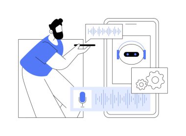 Akıllı telefon asistanları karikatür vektör çizimlerini izole ettiler. Akıllı telefonu olan adam ses asistanıyla konuşuyor, IT teknolojisi, çevrimiçi asistan, makine öğrenme vektör karikatürü.