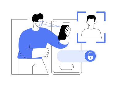 Yüz tanıma sistemi karikatür vektör çizimlerini izole etti. İnsan telefonu yüzünü kullanarak açar, modern bilişim teknolojisi, veri aktarım süreci, büyük veriler, makine öğrenme vektör karikatürü.