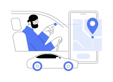 Navigasyon uygulamaları karikatür vektör çizimlerini izole etti. Arabada oturan ve navigasyon uygulamalı akıllı telefon kullanan bir adam, ekrandaki trafik hakkında bilgilendirme, rota optimizasyon vektör karikatürü.