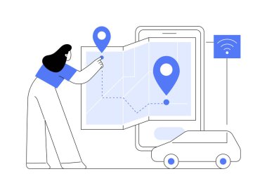 Sürüş paylaşım uygulamaları karikatür vektör çizimlerini izole etti. Smartphone with ride-share app, tahmini varış zamanı, dakikalar içinde pup-up işareti, IT teknolojisi, veri transfer vektör karikatürü.