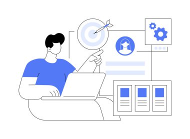 Müşteri profili izole edilmiş çizgi film çizimleri. Pazarlama yöneticisi müşterilere veri topluyor, davranış modellerini inceliyor, CRM sistemi, bilişim teknolojisi, veri transfer vektör karikatürü.