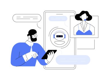 Müşteri desteği çözümleri izole edilmiş çizgi film vektör çizimleri. Pazarlama yöneticisi telefon, sohbet robotu servisi, bilişim teknolojisi, veri transferi, CRM sistem vektör karikatürü kullanarak müşteriyle sohbet ediyor.