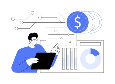Dinamik fiyatlandırma izole edilmiş karikatür vektör çizimleri. Pazarlama yöneticisi fiyatlandırmayı, bilişim teknolojisini, veri transferini, büyük verileri, makine öğrenmesini, CRM sistemini, tanıtım fikri karikatürünü kontrol eder.