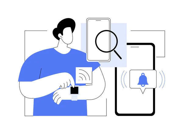Znajdź Funkcję Telefonu Pojedyncze Ilustracje Wektor Kreskówek Mężczyzna Noszący Smartwatch — Wektor stockowy