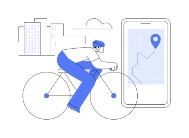 Akıllı bisiklet navigasyonu karikatür vektör çizimlerini izole etti. İnsan bisiklete biner ve navigatör kullanır, akıllı şehir, GPS, eşyaların interneti, spor çizgi filmi için modern teknoloji.