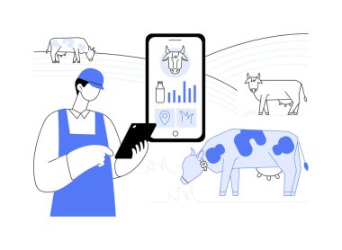 Çiftlik hayvanları soyut konsept vektör illüstrasyonunun sağlığının izlenmesi. Akıllı telefona sahip çiftçi inek sağlığını izliyor, IoT, drone ve yapay zeka metaforu gibi teknolojileri kullanarak çiftlikleri yönetiyor..