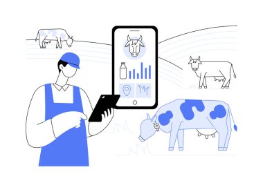 Monitoring health of livestock abstract concept vector illustration. Farmer with smartphone monitors cows health, managing farms using technologies like IoT, drones and AI abstract metaphor. clipart