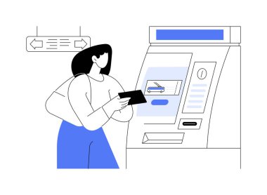 Bilet makinesi soyut konsept vektör çizimi. Gülümseyen kadın seyahat kartı, ulaşım akıllı kartı, toplu taşıma, metro yolcusu, metro müşterisi soyut metaforu.