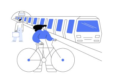 Bisiklet taşıma tesisi soyut konsept vektör çizimi. Metroyu, metro istasyonunu, şehir ulaşımını, toplu taşıma benzetmesini bekleyen bisikletli genç bir kız..