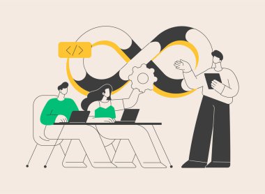 DevOps takımı soyut konsept vektör çizimi. Yazılım geliştirme ekibi üyesi, çevik iş akışı, DevOps takım modeli, IT takım çalışması, proje yönetimi, bütünleşik uygulama soyut metaforu.