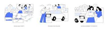 Leaving to campus isolated cartoon vector illustrations set. Organize college admission party, happy student packing for college, saying goodbye to parents, going to university vector cartoon.