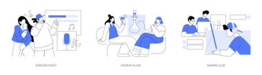 Akşam eğlencesi karikatür vektör çizimleri ayarlandı. Karaoke gecesi, nargile mekanında Shisha tüttürme, bir sürü bilgisayarı olan oyun kulübü, arkadaşlarla zaman geçirme vektör karikatürü..
