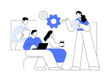 Takım koçu karikatür vektör çizimlerini izole etti. Çeşitli insanlardan oluşan bir grup kişisel koçla, küçük işletmelerle, danışmanlık saatleriyle, vektör karikatürü oluşturan şirket ekibiyle sohbet ediyor..