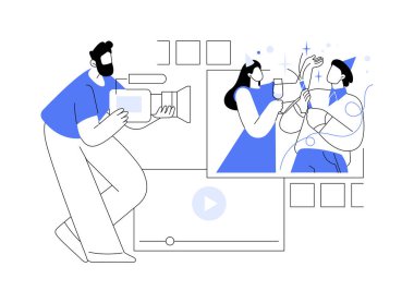Videograf karikatür vektör çizimlerini izole etti. Kamerayı, video yapmayı, film çekmeyi, yapım servisini, küçük işletmeyi, serbest meslek uzmanını, serbest çalışma vektör karikatürünü kullanan bir adam..