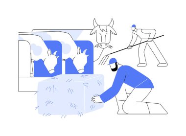 İzole edilmiş çizgi film vektör çizimleri. Otlaklar, tarım sektörü, tarım giriş sektörü, çiftlik hayvanları besleme vektörü karikatürü için silajları olan bir grup çiftçi..