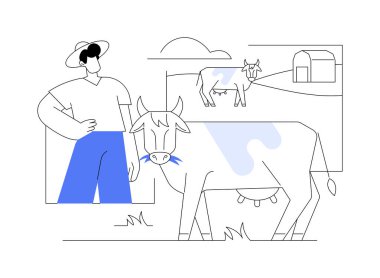 Otlaklar karikatür vektör çizimleri. Otlakta ot yiyen çiftlik hayvanları, gülümseyen çiftçiler, tarım sektörü, tarım giriş sektörü, kırsal yaşam tarzı vektör karikatürü.