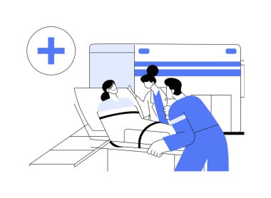 Sağlık hizmeti soyut konsept vektör çizimi. Bir grup sağlık görevlisi bir hastayı ambulansa, acil araç hizmetlerine, endüstriyel ulaşım metaforuna yüklüyor..
