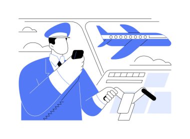 Uçuş bilgileri soyut konsept vektör çizimi. Uçak kaptanı konuşuyor, pilot yolcularla konuşuyor, duyuru yapıyor, havayolu ulaşımı, ticari hava taşımacılığı metaforu.