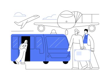 Hava yolu aktarımı soyut konsept vektör çizimi. Terminal transferini kullanan bir grup yolcu, havaalanı otobüsündeki insanlar, havayolu ulaşımı, ticari hava taşımacılığı soyut metaforu.