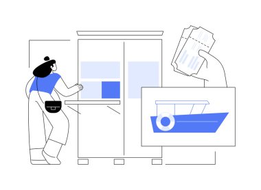 Tekne soyut konsept vektör çizimi için bilet alıyorum. At binmek için tekne bileti alan bir kız, ticari su ulaşımı, su taksisi, deniz ulaşımı, yaz tatili soyut metaforu..