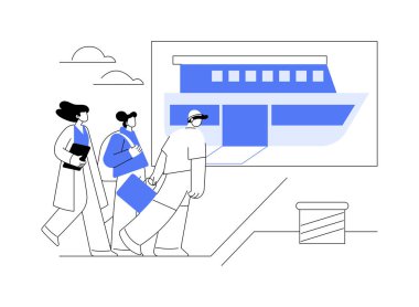 Tekneye soyut konsept vektör illüstrasyonuyla binmek. Çeşitli insanlar feribota biniyor, su taksisi yolcuları, ticari su taşımacılığı, deniz taşımacılığı metaforu.