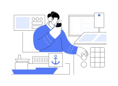 Gemi mühendisi soyut konsept vektör çizimi. Deniz mühendisi telsiz, ticari su taşımacılığı, deniz taşımacılığı mesleği, teftiş süreci ve soyut metaforla konuşuyor..