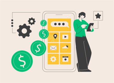 Uygulama monetizasyon soyut konsept vektör illüstrasyonu. Mobil uygulama reklamları, uygulama indirme tanıtım yöntemleri, mobil kullanıcı çekimi, başlangıç açılımı, pazar yeri konumu soyut metaforu.