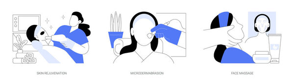 Skin treatment isolated cartoon vector illustrations set. Laser therapy for facial skin rejuvenation, cosmetologist makes microdermabrasion procedure, woman having facial massage vector cartoon.