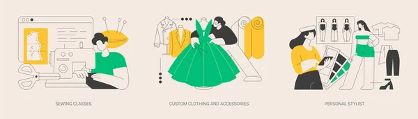 Set Illustrazioni Vettoriali Concettuali Astratte Stile Moda Lezioni Cucito Abbigliamento — Vettoriale Stock