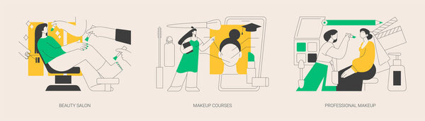 Красота услуги абстрактные концепции векторные иллюстрации набор. Салон красоты, курсы макияжа, мастер-класс по профессиональной косметике, маникюрная студия, парикмахерская, онлайн-мастерская, абстрактная метафора лечения кожи.