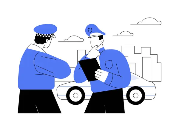 警察巡逻车抽象概念矢量图解 蓝色男子站在警车 紧急车辆服务 工业交通 一组军官的抽象比喻旁边 — 图库矢量图片