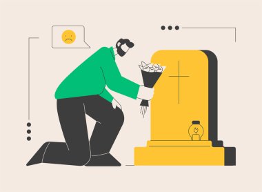 Dul insan soyut konsept vektör çizimi. Eş öldü, kederli yaşlı, yas tutan karı koca, destek grubu, eş kaybı, cenaze, mezar taşı, hafıza soyut metaforu.