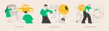 Kamu hizmeti soyut konsept vektör çizimi seti. Halk kütüphanesi, sigara içilmeyen alan, tuvaletler, sigara içilmeyen alan, çocuklar için yer, temizlik ve dezenfekte soyut metaforu.