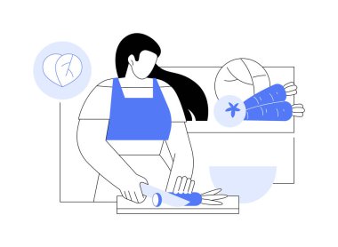 Vejetaryen yemekleri izole edilmiş çizgi film çizimleri. Vejetaryen sporcu kız mutfakta yemek pişiriyor, ev yapımı yemekler, sağlıklı besleniyor, sebze salatası hazırlıyor, organik vitamin vektör karikatürü çiziyor..