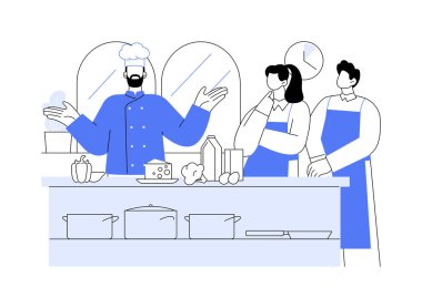 Aşçılık dersleri karikatür vektör çizimlerini izole etti. Bir grup öğrenciyle aşçılık dersleri veren profesyonel aşçı, sağlıklı beslenme, pratik beceriler vektör karikatürü..