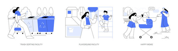 City park environment isolated cartoon vector illustrations set. Trash sorting and recycling facility, playground in the city park, happy moms walk with strollers and drink coffee vector cartoon.