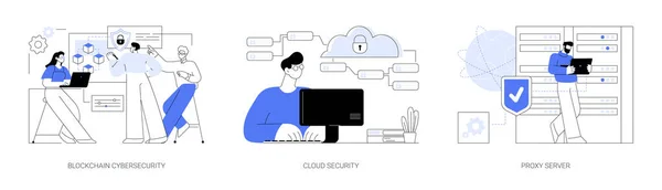 Veri Güvenliği Karikatür Vektör Çizimleri Ayarlandı Bloklama Zinciri Siber Güvenlik — Stok Vektör