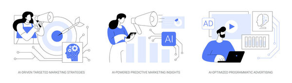 AI in Marketing abstract concept vector illustration set. AI-Driven Targeted Marketing Strategies, AI-Powered Predictive Marketing Insights, AI-Optimized Programmatic Advertising abstract metaphor.