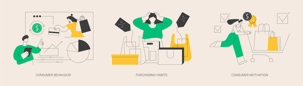 Marketing research service abstract concept vector illustration set. Consumer behaviour, purchasing habits, consumer motivation, shopping sale growth strategy, targeting strategy abstract metaphor.