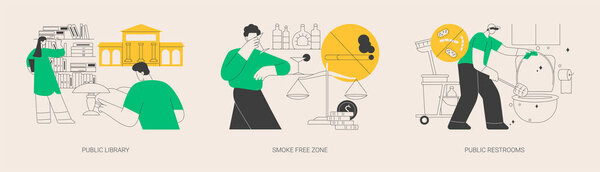 Public service abstract concept vector illustration set. Public library, smoke free zone, restroom facilities, no smoking area, place for children, cleaning and disinfection abstract metaphor.