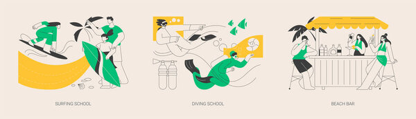 Летние каникулы деятельность абстрактный векторный набор концепт иллюстрации. Школа серфинга, школа дайвинга, пляжный бар, прокат серфинга и гидрокостюмов, водный спорт, тропический коктейль рецепт абстрактная метафора.