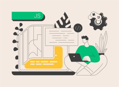 JavaScript soyut konsept vektör çizimi. Oyun motoru, JS geliştirme, web programlama, JavaScript dili, web sitesi projesi, mobil uygulama, dinamik kodlama süreci soyut metafor.