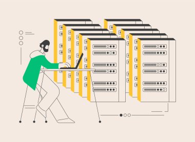 Veri merkezi soyut konsept vektör çizimi. Colocation veri merkezi, merkezi bilgisayar sistemi, uzak depolama, veritabanı ağı, süper bilgisayar, merkezi sunucu soyut metaforu.