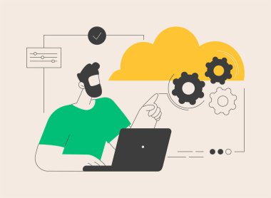 Bulut tabanlı motor soyut konsept vektör çizimi. Bir hizmet, sanal makine uygulaması, sağlayıcı, talep üzerine bulut tabanlı motor, yazılım bilgisayar soyut metaforu olarak altyapı.