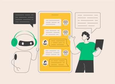 Chatbot sanal asistanı soyut konsept vektör çizimi. İnternet, çevrimiçi akıllı robot, aygıt sohbeti, medya diyaloğu, sistem projesi, teknoloji, web yazılım uygulaması soyut metaforu.